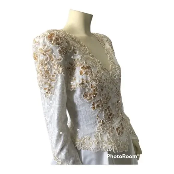 Vintage wedding sequenced dress with detachable skirt & train Ivory gold medium - Picture 8 of 17